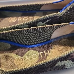 Rothy's Green Camo Knit Slip-Ons with Blue Trim